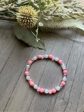 Pink Beaded Stretch Bracelet with Gold Accents